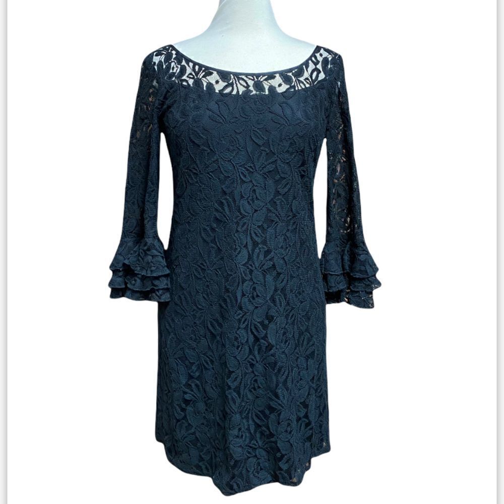 Kelly & Diane Black Lace Overlay 3/4 Ruffle Sleeve Dress